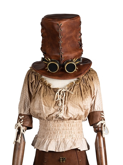 Retro Brown PU Leather Embossed Rope Tall Punk Unisex Top Hat