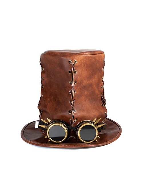 Retro Brown PU Leather Embossed Rope Tall Punk Unisex Top Hat