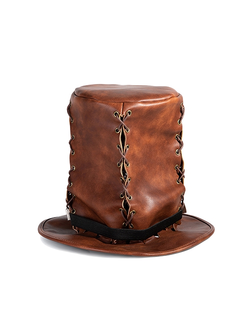 Retro Brown PU Leather Embossed Rope Tall Punk Unisex Top Hat