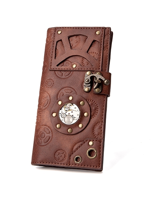 Brown Retro PU Leather Metal Gear Decoration Punk Style Women's Clutch Wallet