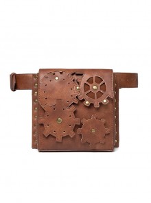 Personalized Retro Brown PU Leather Gear Pattern Decorated Punk Style Adjustable Women's Waist Bag