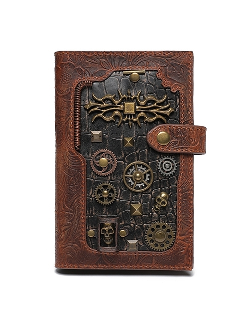 Brown Personalized Leather Embossed Stitching Metal Skull Gear Pattern Decoration Punk Wind Zip Wallet