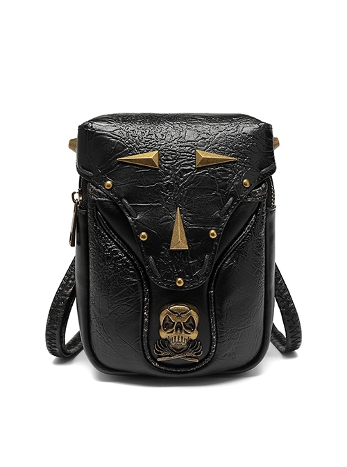 Personalized Handsome Black PU Leather Metal Skull Decoration Punk Style Mini Motorcycle Shoulder Bag