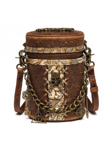 Brown Retro Leather Embossed Metal Skull Chain Punk Style Women's Shoulder Bag