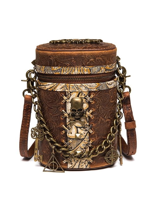 Brown Retro Leather Embossed Metal Skull Chain Punk Style Women's Shoulder Bag