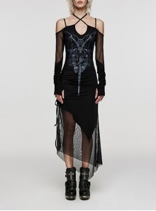 Sexy Black Stretch Knit Panel Sheer Mesh Skull Pattern Gothic Fingered Long Sleeve Dresses