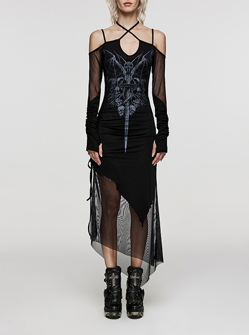 Sexy Black Stretch Knit Panel Sheer Mesh Skull Pattern Gothic Fingered Long Sleeve Dresses