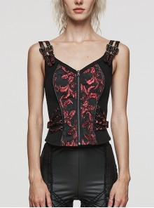 Black And Red Non-Stretch Jacquard Stitching Woven Zipper Tie Rope Punk Style Sleeveless Adjustable Vest