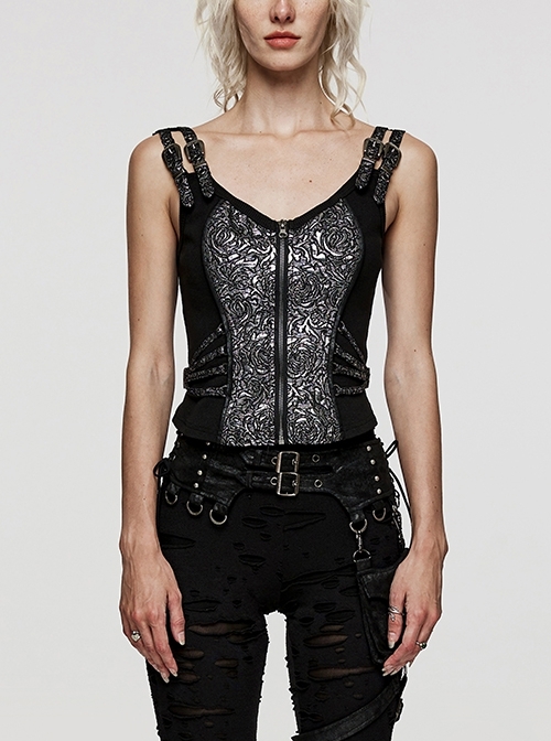 Black And Silver Non-Stretch Jacquard Panel Woven Zipper Tie Rope Punk Style Sleeveless Adjustable Vest