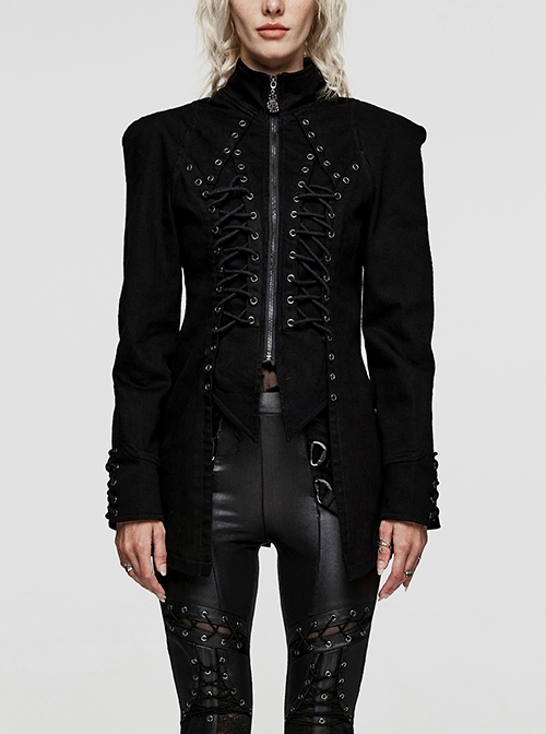 Black Stretch Slim Stand Collar Eyelet Rope Zipper Punk Denim Long Sleeve Jacket