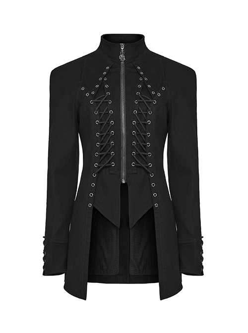Black Stretch Slim Stand Collar Eyelet Rope Zipper Punk Denim Long Sleeve Jacket