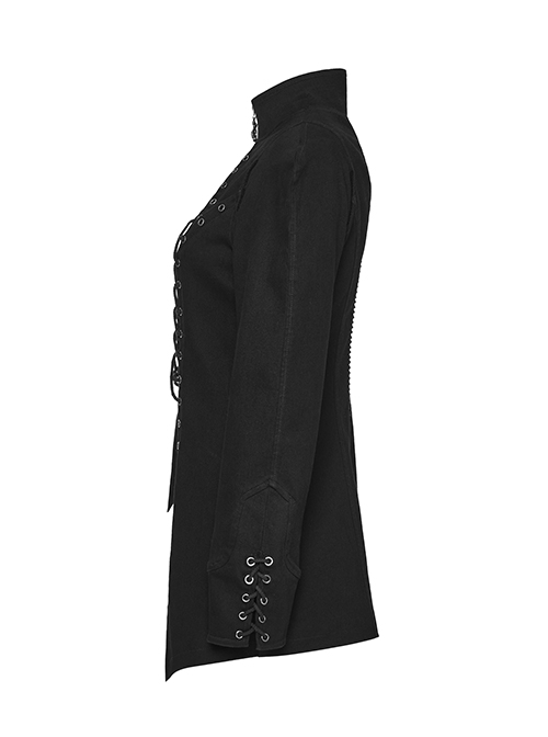 Black Stretch Slim Stand Collar Eyelet Rope Zipper Punk Denim Long Sleeve Jacket