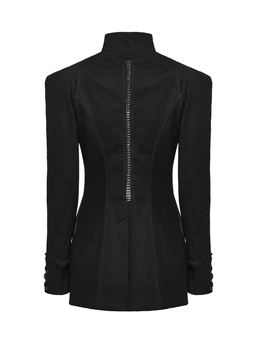 Black Stretch Slim Stand Collar Eyelet Rope Zipper Punk Denim Long Sleeve Jacket