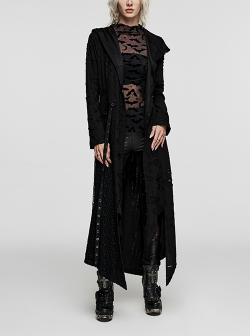 Stretch Ripped Knit-Paneled Mesh Black Irregular Decadent Punk Hooded Long Sleeve Jacket