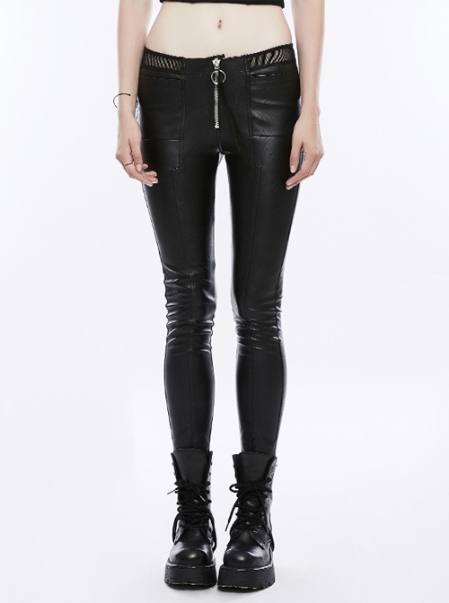 Steam Punk Female Black PU Leather Fish Net Lace Skinny Pants