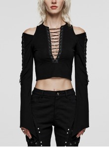 Stretch Black Knit Short High Waist Line Sexy V-Neck Hollow Tie Rope Gothic Style Long-Sleeved Off-Shoulder T-Shirt