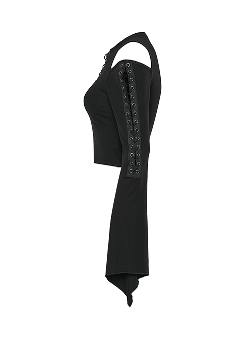 Stretch Black Knit Short High Waist Line Sexy V-Neck Hollow Tie Rope Gothic Style Long-Sleeved Off-Shoulder T-Shirt