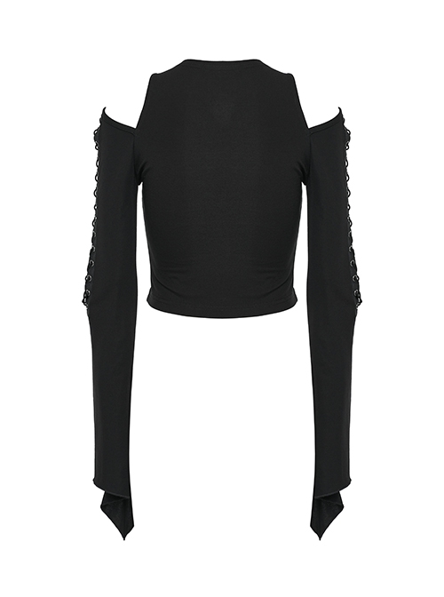 Stretch Black Knit Short High Waist Line Sexy V-Neck Hollow Tie Rope Gothic Style Long-Sleeved Off-Shoulder T-Shirt