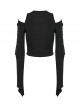 Stretch Black Knit Short High Waist Line Sexy V-Neck Hollow Tie Rope Gothic Style Long-Sleeved Off-Shoulder T-Shirt