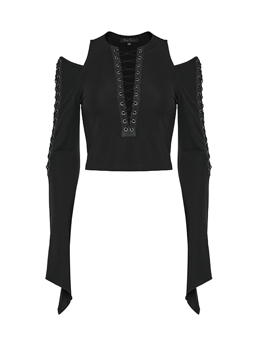 Stretch Black Knit Short High Waist Line Sexy V-Neck Hollow Tie Rope Gothic Style Long-Sleeved Off-Shoulder T-Shirt