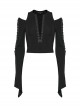 Stretch Black Knit Short High Waist Line Sexy V-Neck Hollow Tie Rope Gothic Style Long-Sleeved Off-Shoulder T-Shirt