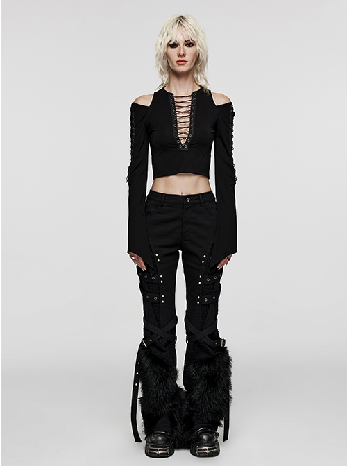 Stretch Black Knit Short High Waist Line Sexy V-Neck Hollow Tie Rope Gothic Style Long-Sleeved Off-Shoulder T-Shirt