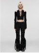 Stretch Black Knit Short High Waist Line Sexy V-Neck Hollow Tie Rope Gothic Style Long-Sleeved Off-Shoulder T-Shirt