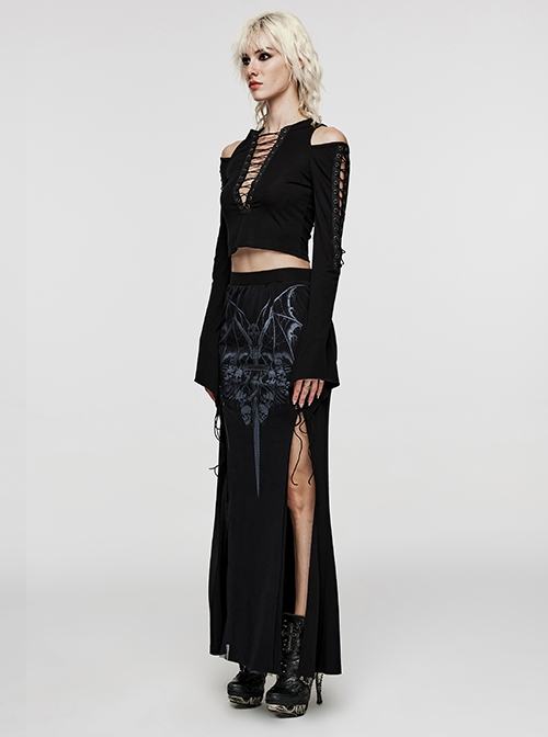 Stretch Black Knit Short High Waist Line Sexy V-Neck Hollow Tie Rope Gothic Style Long-Sleeved Off-Shoulder T-Shirt