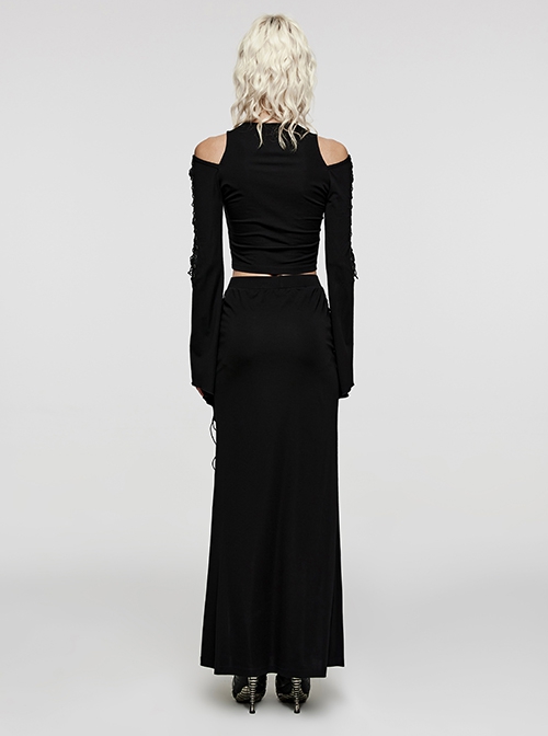 Stretch Black Knit Short High Waist Line Sexy V-Neck Hollow Tie Rope Gothic Style Long-Sleeved Off-Shoulder T-Shirt