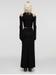 Stretch Black Knit Short High Waist Line Sexy V-Neck Hollow Tie Rope Gothic Style Long-Sleeved Off-Shoulder T-Shirt