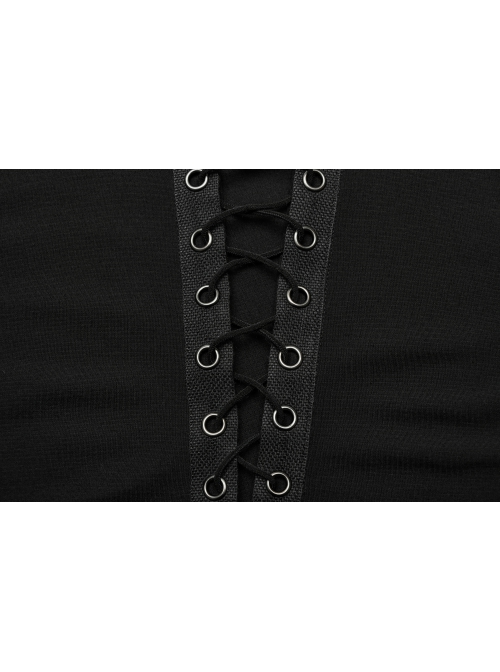 Stretch Black Knit Short High Waist Line Sexy V-Neck Hollow Tie Rope Gothic Style Long-Sleeved Off-Shoulder T-Shirt