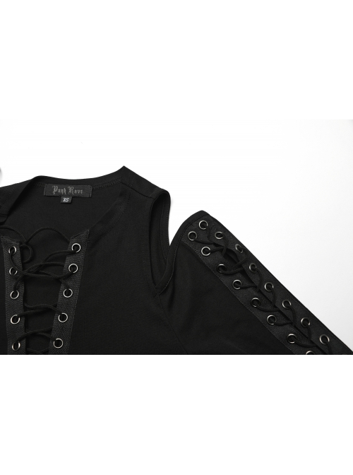 Stretch Black Knit Short High Waist Line Sexy V-Neck Hollow Tie Rope Gothic Style Long-Sleeved Off-Shoulder T-Shirt