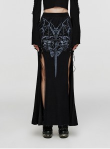 Black Stretch-Knit Paneled Sheer Mesh Side Eyelets Gothic Skull Print Skirt