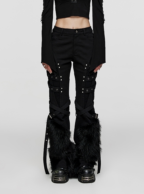 Non-Stretch Loose Black Mesh Twill Panel Plush Hem With Active Tab Trim Punk Style Straight-Leg Trousers