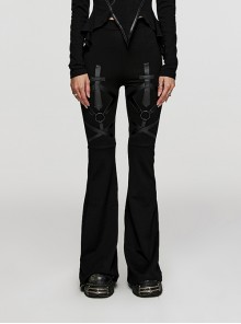 Slim-Fit Black Stretch-Knit Paneled Metal Hoop Taped Gothic Flared Trousers
