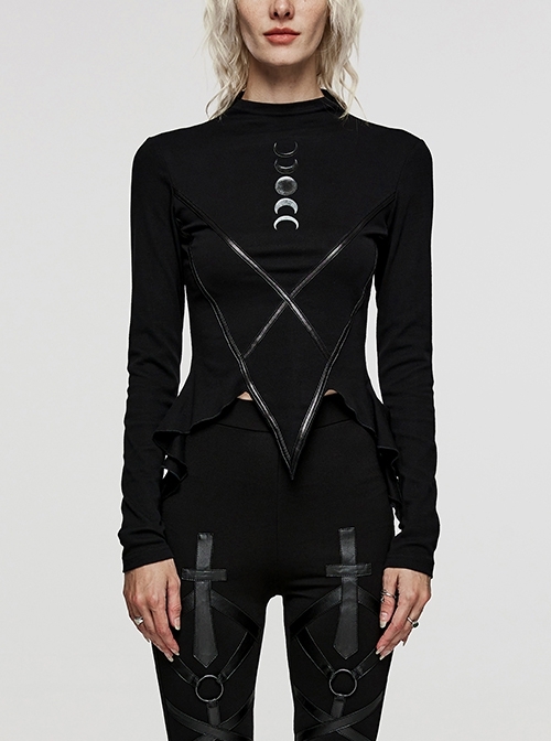 Irregular Black Soft Stretch Knit Stitching Leather Tape Moon Print Gothic Style Daily Long Sleeve T-Shirt