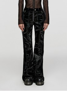 Black Stretch Leather Paneled Wavy Print Punk Style Metal Zipper Flared Trousers