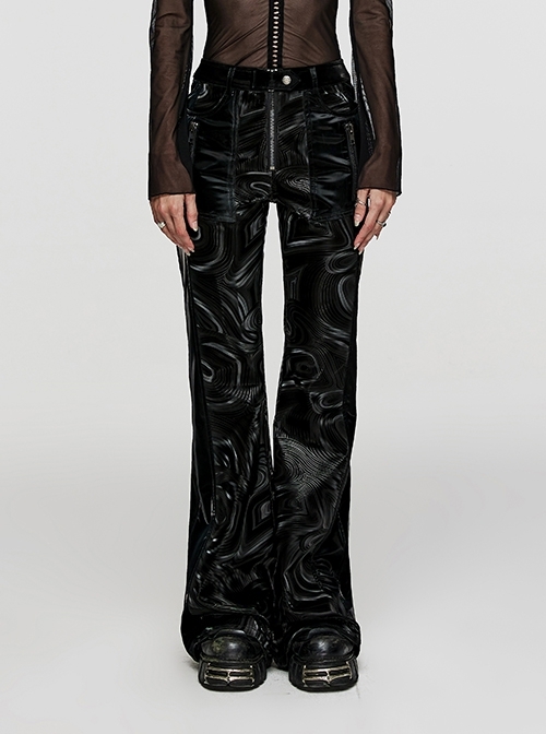 Black Stretch Leather Paneled Wavy Print Punk Style Metal Zipper Flared Trousers