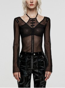 Sexy Black Stretch Mesh Two-Piece Halter Backless Goth Long Sleeve T-Shirt