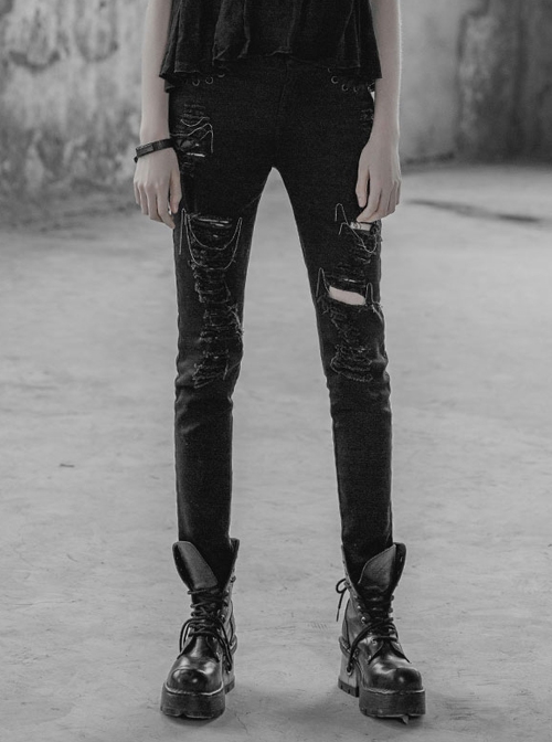 Punk Female Black Ripped Metal Chains Jeans