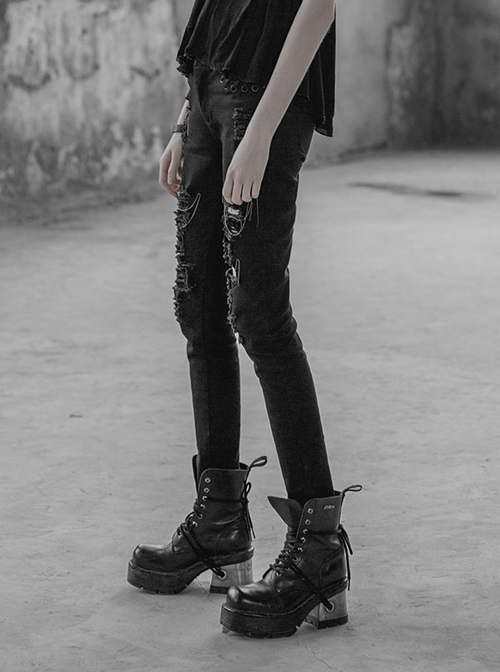 Punk Female Black Ripped Metal Chains Jeans