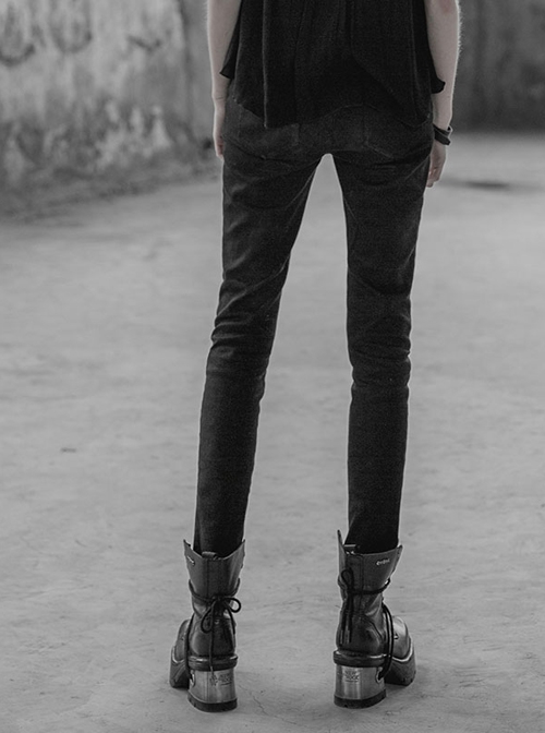 Punk Female Black Ripped Metal Chains Jeans