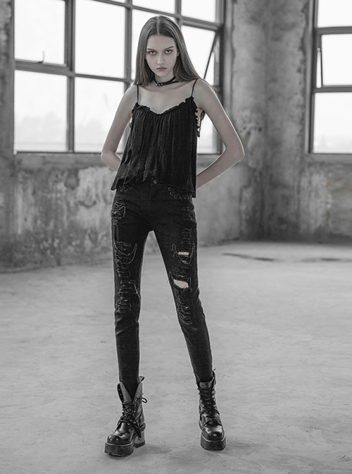 Punk Female Black Ripped Metal Chains Jeans