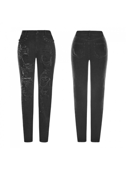 Punk Female Black Ripped Metal Chains Jeans
