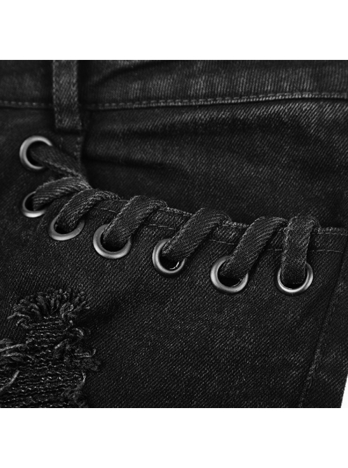 Punk Female Black Ripped Metal Chains Jeans
