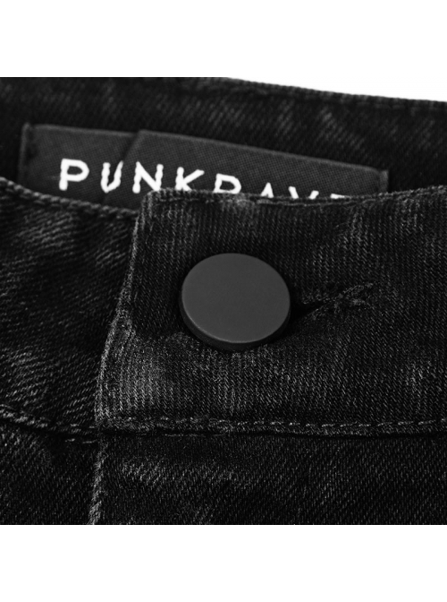 Punk Female Black Ripped Metal Chains Jeans