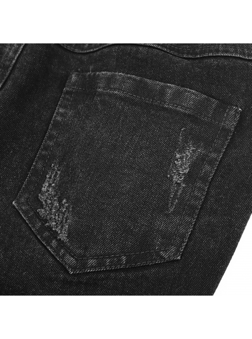 Punk Female Black Ripped Metal Chains Jeans