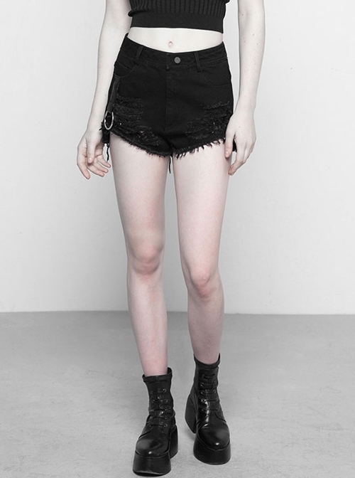 Steam Punk Casual Female Ripped Binding Black Shorts