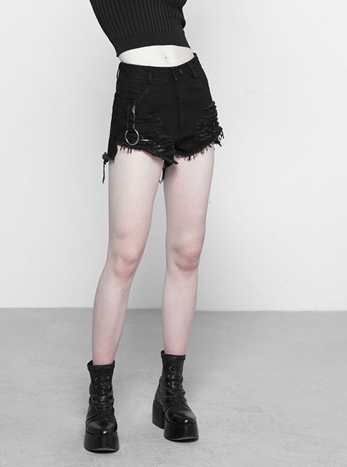 Steam Punk Casual Female Ripped Binding Black Shorts