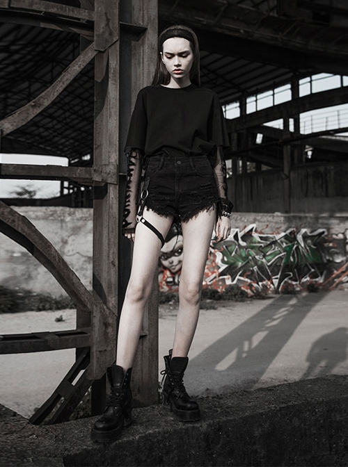 Steam Punk Casual Female Ripped Binding Black Shorts